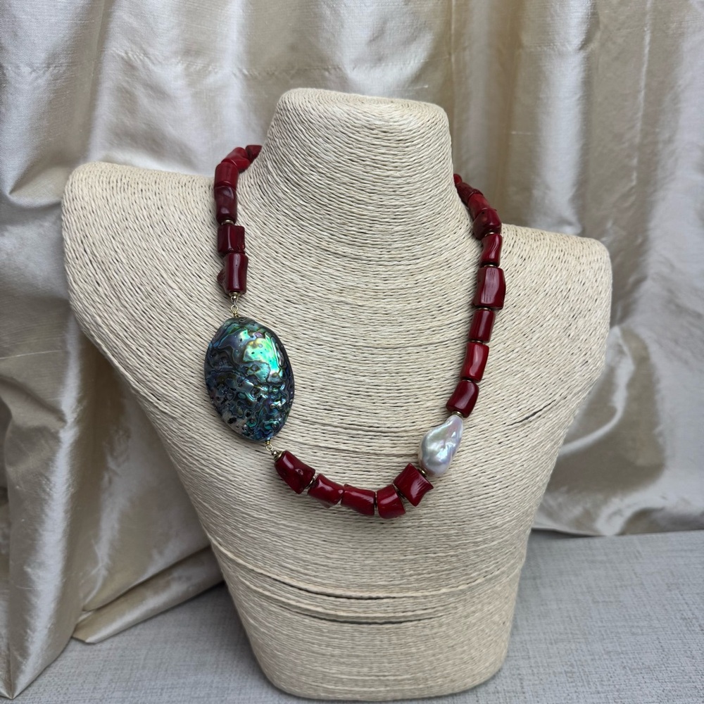 Handmade Coral Abalone Pearl Beaded Statement Necklace - Picture 2 of 8